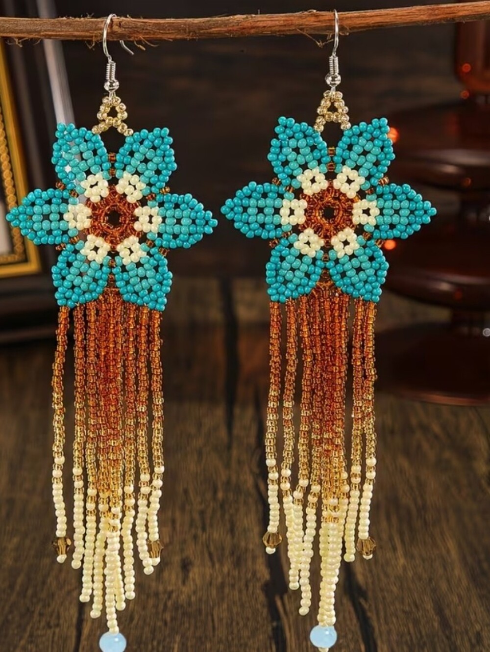 Handcrafted Turquoise & Gold Beaded Floral Earrings